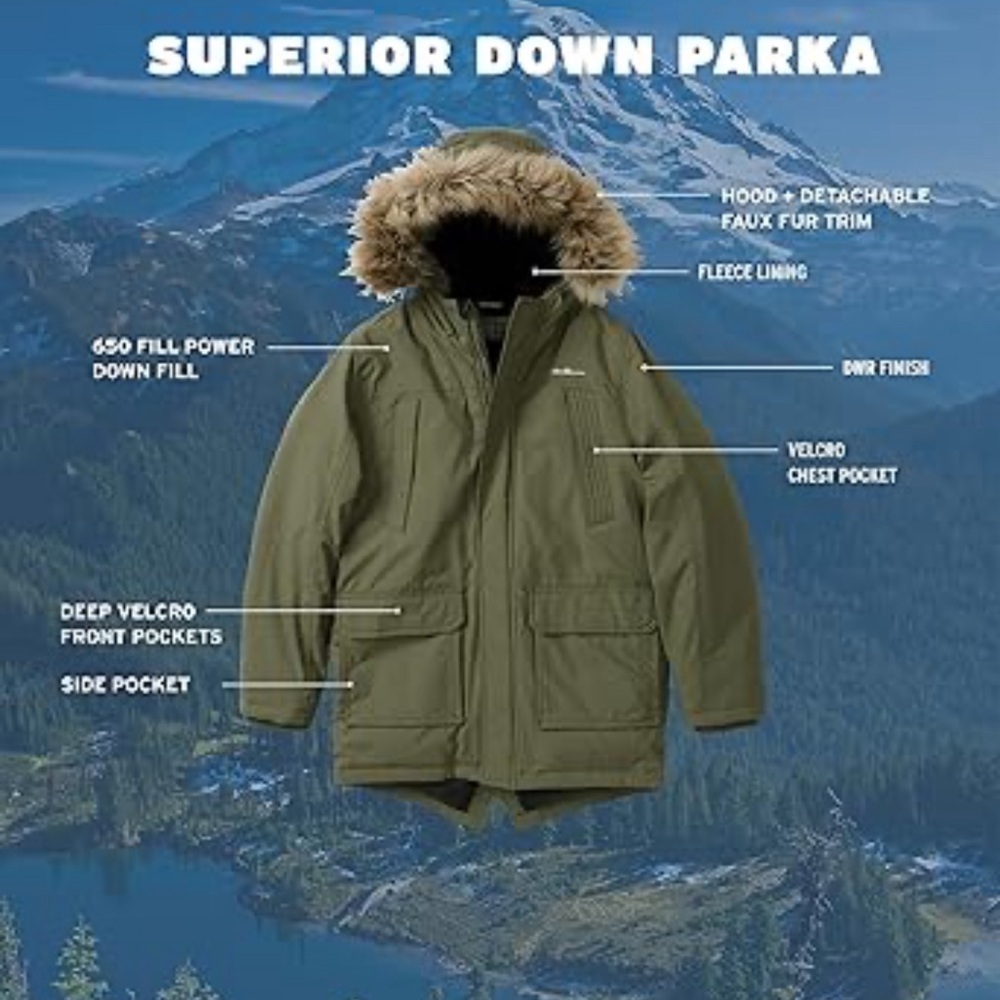 Eddie Bauer Superior Down Parka Army Green size 14